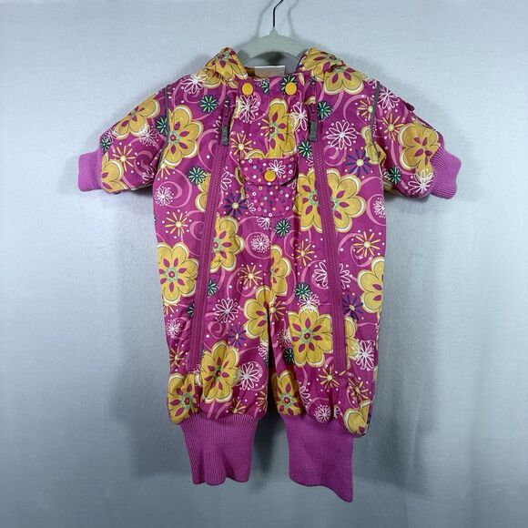Hanna Andersson Pink Floral Hooded Lined Zipper Baby Snowsuit Size 60 US 3-6 M - Picture 1 of 10